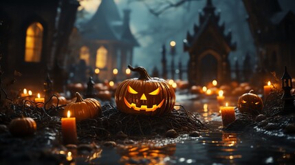 Halloween pumpkins in the dark on background night graveyard with candles. Jack O’ Lanterns. Generative AI