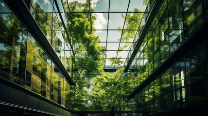 Eco-friendly building in modern city. Sustainable glass office building with trees for reducing carbon dioxide. Office building with green environment. Corporate building reduce CO2. By generative AI.
