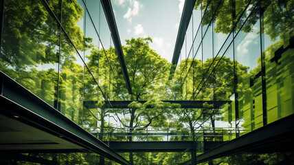 Eco-friendly building in modern city. Sustainable glass office building with trees for reducing carbon dioxide. Office building with green environment. Corporate building reduce CO2. By generative AI.
