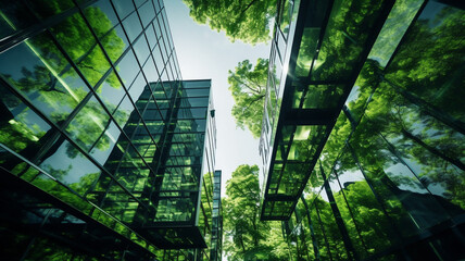 Plakat Eco-friendly building in modern city. Sustainable glass office building with trees for reducing carbon dioxide. Office building with green environment. Corporate building reduce CO2. By generative AI.