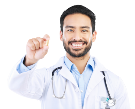 Tablet pills, portrait doctor or happy man with medicine, hospital product or medical healthcare for recovery. Supplements, pharmaceutical or male surgeon face isolated on transparent, png background