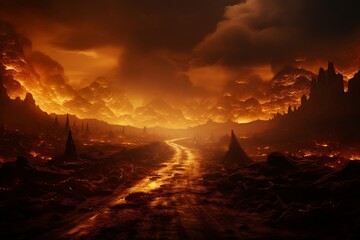 A fiery landscape depicting a highway to hell, Generative Ai