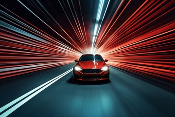 Fototapeta na wymiar Red Car in Blurred Light Tunnel Generative AI