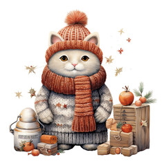 Magical Holiday Charm, Cat Christmas Illustration in Children's Book Style , isolated transparent background, PNG