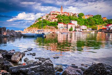 Vrbnik, Croatia - Beautiful village of Krk Island, Dalmatia, Adriatic Sea landscape. - obrazy, fototapety, plakaty