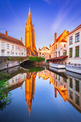 Obraz premium Bruges, Belgium. Dijver Canal and Church of Our Lady, West Flanders.