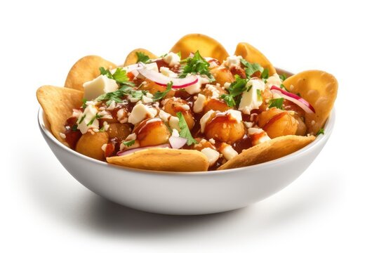 papdi chaat simple isolated white background hyperrealism photography