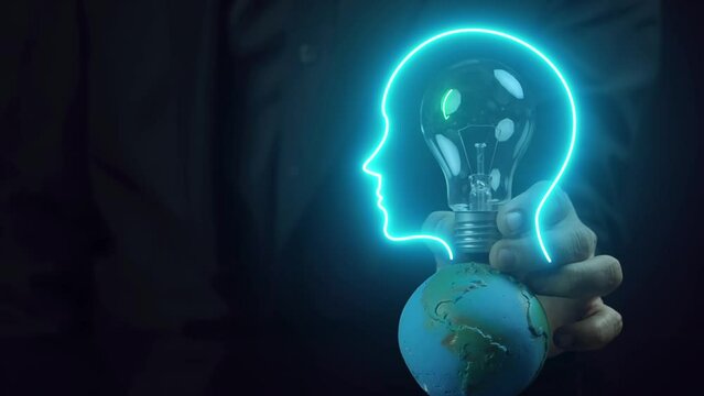 Businessman showing virtual leaf icon inside light bulb. Net zero greenhouse gas emissions target. Climate neutral long term strategy. Ecological, renewable energy and save environment concept