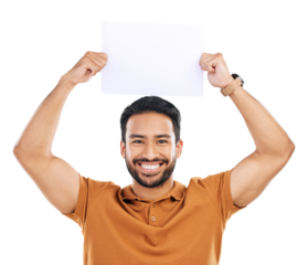Smile, poster and asian man with advertising or billboard for promo in png or isolated and transparent background. Logo, brand and male person with promotion sign or portrait for news with sale.