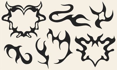 A modern set of sketches for a tattoo in the style of the 2000s. Abstract drawing of a burning heart. Punk openwork, informal culture.