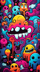 Comics illustration, retro and 90s style, monster pop art, abstract crazy and psychedelic background, Generative AI