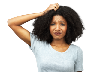 Confused, portrait and black woman with anxiety or question, why and problem solving on transparent, isolated or png background. Thinking, face and African model with doubt and stress from decision