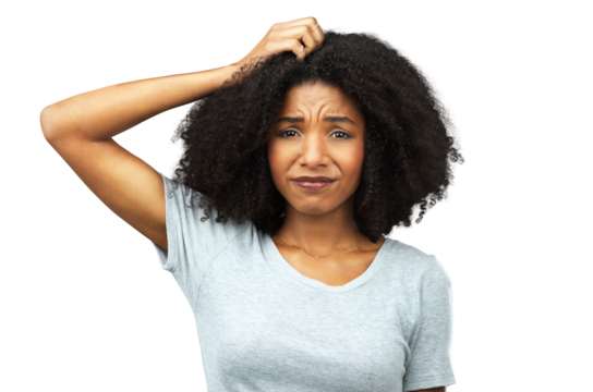 Confused, portrait and black woman with anxiety or question, why and problem solving on transparent, isolated or png background. Thinking, face and African model with doubt and stress from decision