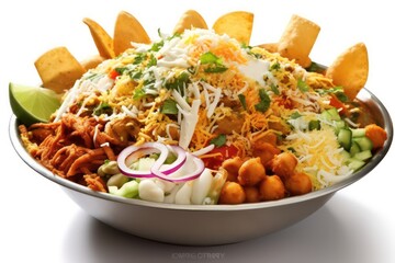 papdi chaat simple isolated white background hyperrealism photography