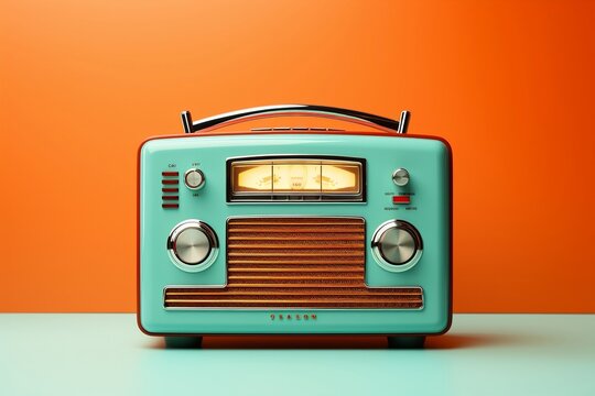 A vintage turquoise-colored radio set against a vibrant orange background, Generative Ai
