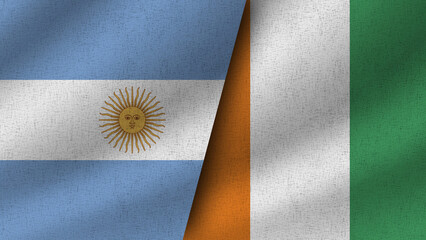 Cote d lvoire and Argentina Realistic Two Flags Together, 3D Illustration