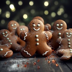 Christmas food bakery bake baking photography background, square - Closeup of many gingerbread men cookies on table (Generative Ai)