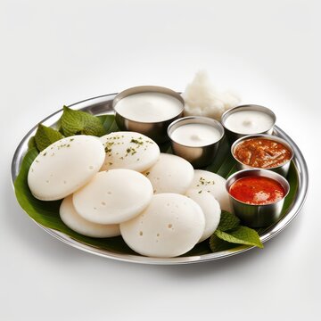 South indian sambar and idli on plate white background