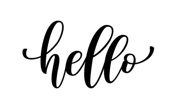 HELLO text. Hello word. Hand drawn quote hello. Hi icon lettering. Calligraphy phrase hello. Greetings logo. Vector illustration for print on t shirt, card, poster, hoodies. Welcome