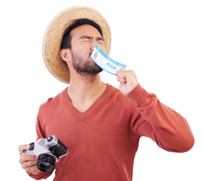 Travel, camera and man kiss ticket or boarding pass on isolated, png and transparent background. Excited, tourism and happy male person with paperwork for global adventure, holiday and vacation