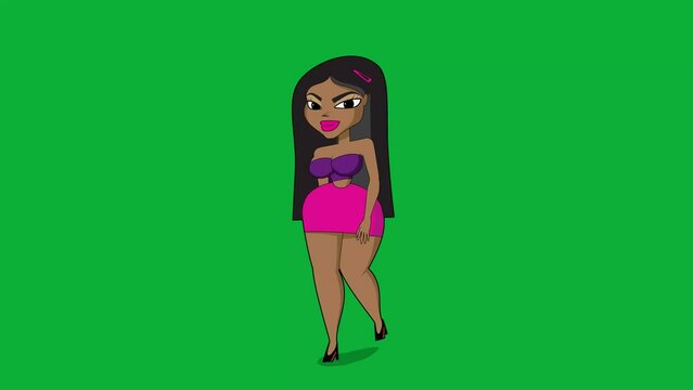 Animated cartoon character of a sexy girl walking then say hello
