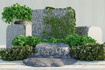 Podium in tropical forest for product presentation and green background. 3d rendering