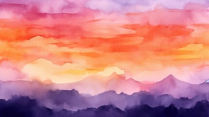 Fototapeta na wymiar abstract sunset landscape painting made with watercolors. orange purple background