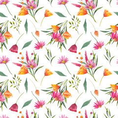 Cotton fabric Floral seamless pattern with abstract wildflowers, california poppies, plants and delicate branches, watercolor print isolated on white background for textile or wallpapers, illustration.