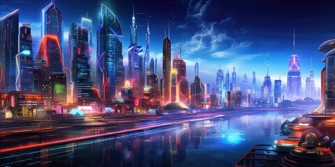 backgrounds  futuristic city background with sleek skyscrapers, floating vehicles, and holographic advertisements Generative AI Digital Illustration Part#060723