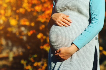 Baby expectation. Pregnant woman outdoors in autumn. Woman having happy pregnancy time.