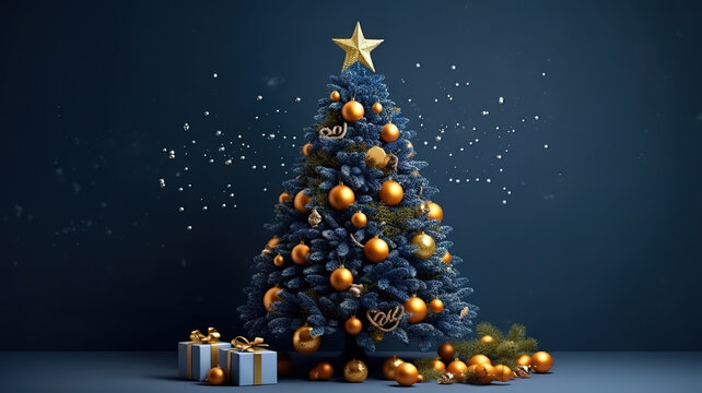 Christmas tree with decoration in the navy blue background. Generative Ai