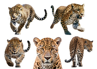 Naklejka premium Jaguar running, many angles and view portrait side back head shot isolated on transparent background cutout, PNG file
