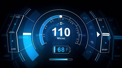 Electric Car Dashboard HUD. Futuristic car HUD showing speed, battery charge, data.