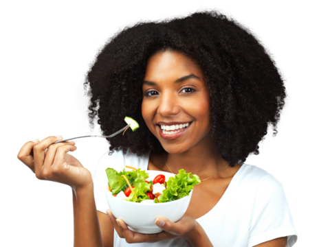 Diet, salad and happy woman eating healthy food, detox lunch or breakfast isolated on transparent, png background. Face of African person with green fruits, lettuce and lose weight balance or choice