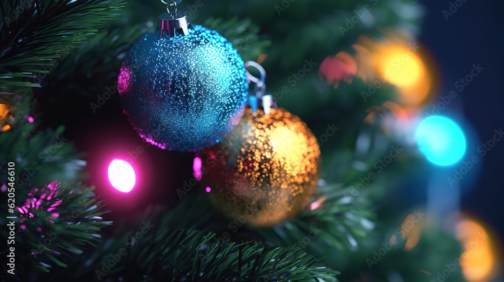 Poster close up of christmas tree with one burned sparkler and bokeh light in the background. generative ai