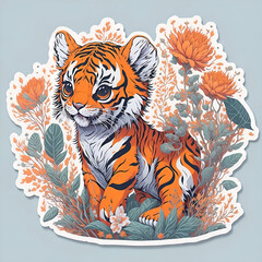 cute baby tiger with floral flowers splash illustration, sticker vector cartoon art