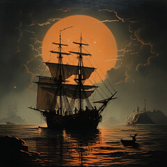 Mystical Departure: 18th Century Warship Sailing in Foggy Seas with an Orange Moon and Birds