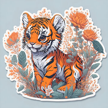 cute baby tiger with floral flowers splash illustration, sticker vector cartoon art