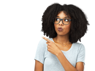 Pointing, hand and face of African woman with choice in presentation of information on isolated or transparent mockup. Thinking, model with decision or gesture to show an option on png background