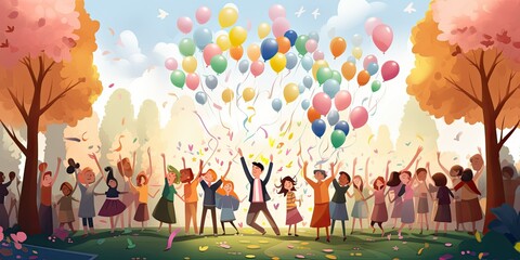 happy birthday scene is filled with colorful decorations, vibrant balloons, and a joyful crowd Generative AI Digital Illustration Part#060723