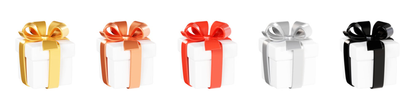 White gift box with various ribbon and bow 3d render illustration collection.