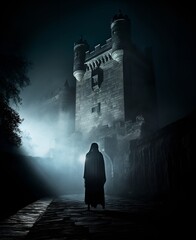 In Shakespeare's Hamlet the Ghost of King Hamlet: A translucent, eerie image of the Ghost of King Hamlet wandering the battlements of Elsinore Castle in the moonlight. - obrazy, fototapety, plakaty