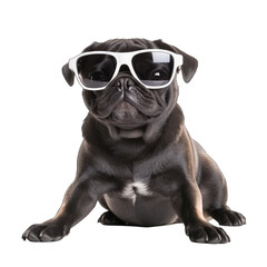 The Black pug dog in white sunglasses isolated on transparent background