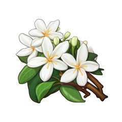 Jasmine flowers with green leaves on transparent background for object