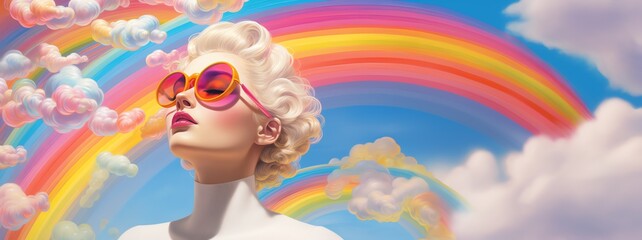 Girl in pink sunglasses on rainbow background and clouds. Copy Space. Generative AI