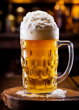 Beer mug overflowing with foam on a rustic wooden table in a pub. Generative Ai image