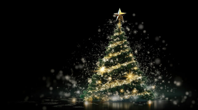 Christmas tree background and close up star decorations. Generative Ai