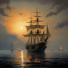 Mystical Departure: 18th Century Warship Sailing in Foggy Seas with an Orange Moon and Birds