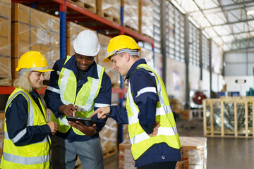 Diversity ethnicity of warehouse staff or engineer making a discussion together before start working, team of engineer in factory making a morning brief before working.