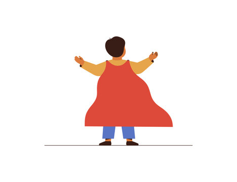 Small boy in superhero flying cape. Back view Preschool child stands with open arms in superman costume. African american pupil in comic cloth for some holiday. Success and talented kids. Vector